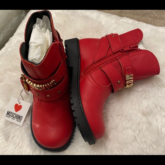 2x HOST PICK ‼️Moschino Kid Rosso Red Leather Motor Style Boot Size 25 - Picture 3 of 10